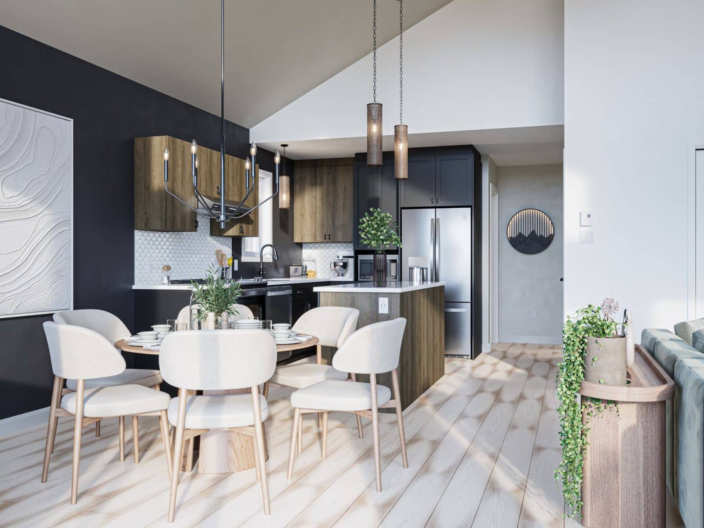 Modèle Épervier, un chalet plain-pied. Vue de la cuisine.