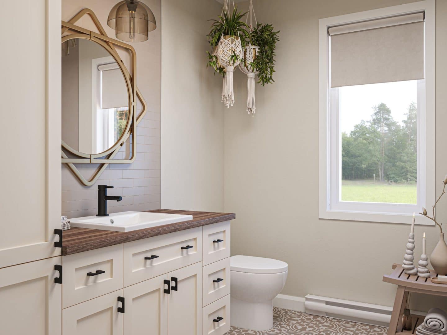 Modèle Épervier, un chalet plain-pied. Vue de la salle de bain.