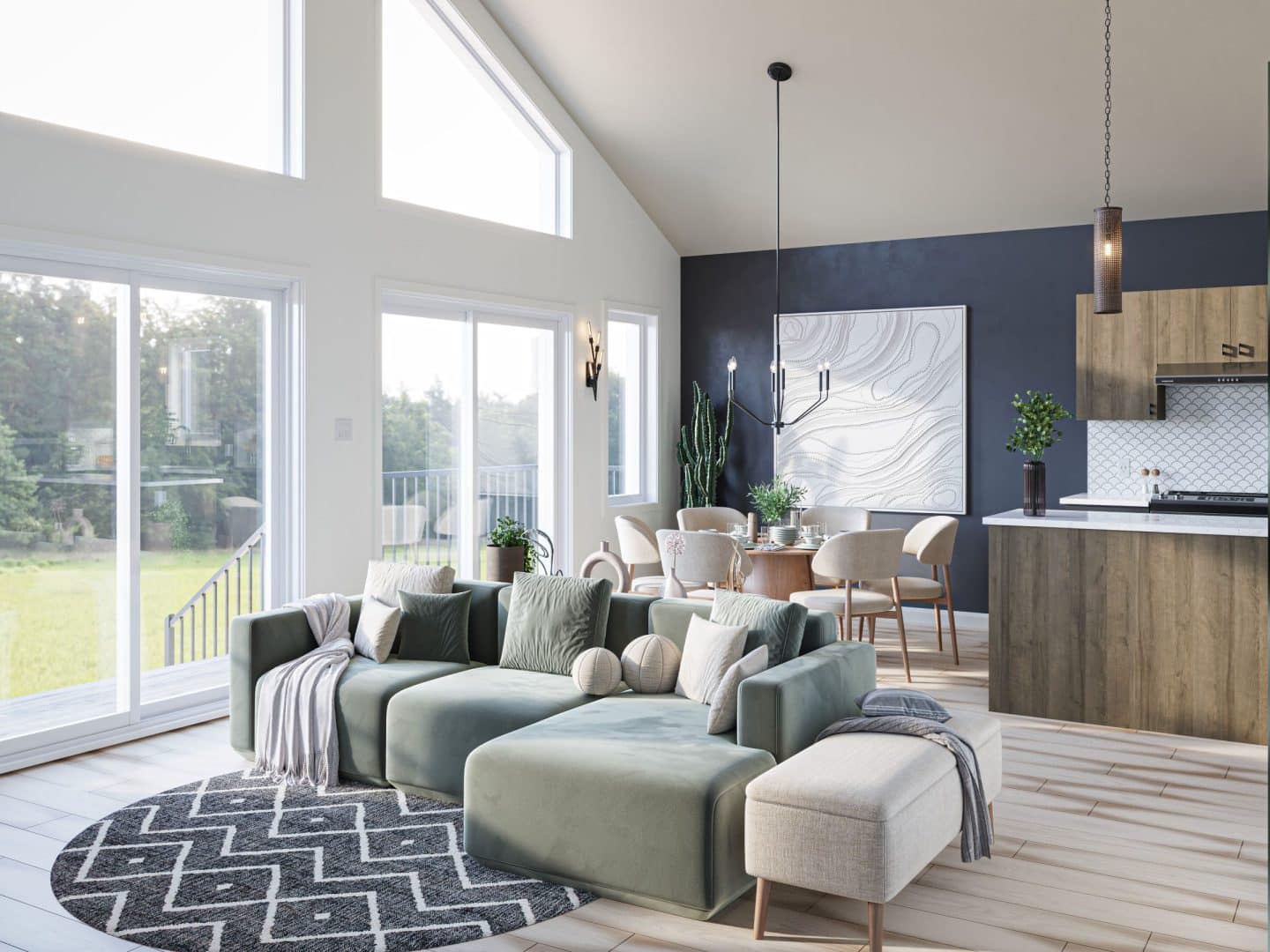 Modèle Épervier, un chalet plain-pied. Vue du séjour.