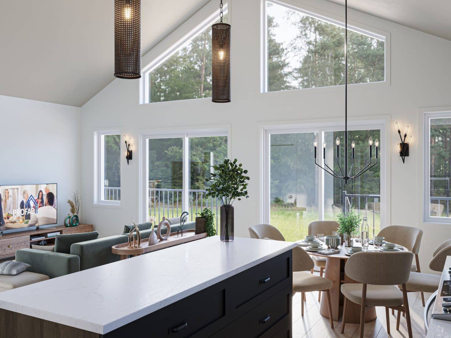 Modèle Épervier, un chalet plain-pied. Vue du séjour