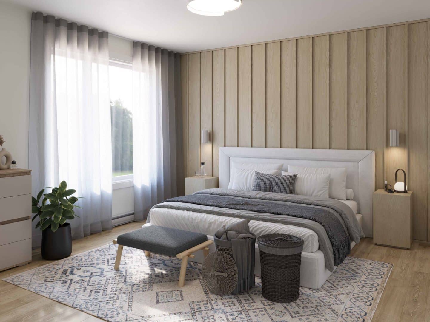 Modèle Lupin, une maison de plain-pied de style classique. Vue de la chambre des maîtres.