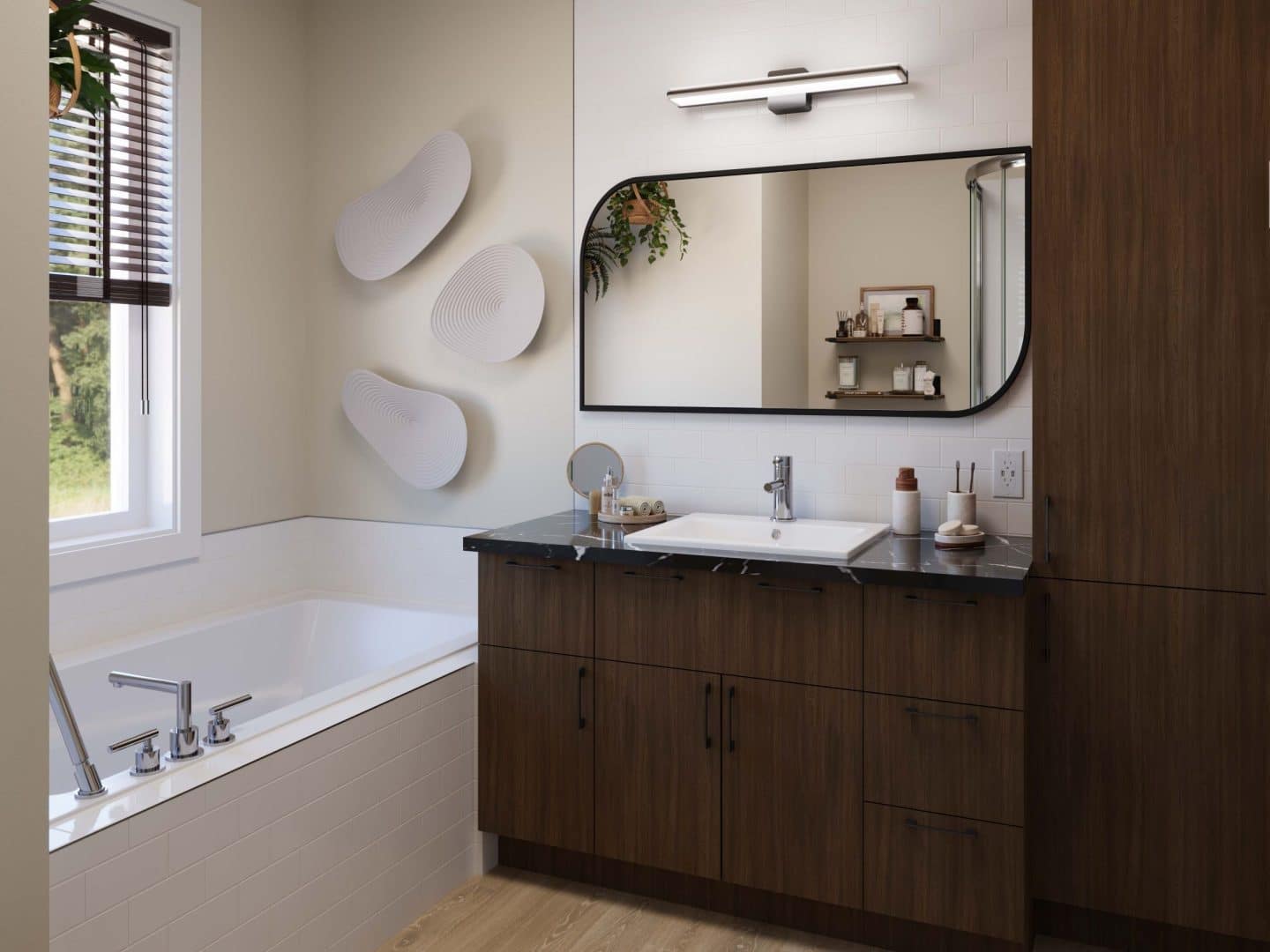 Modèle Lupin, une maison de plain-pied de style classique. Vue de la salle de bain.