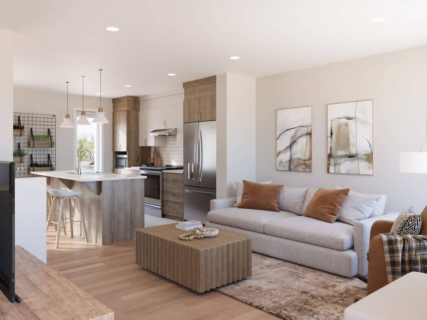 Modèle Primera, une maison de plain-pied de style contemporain. Vue du séjour.