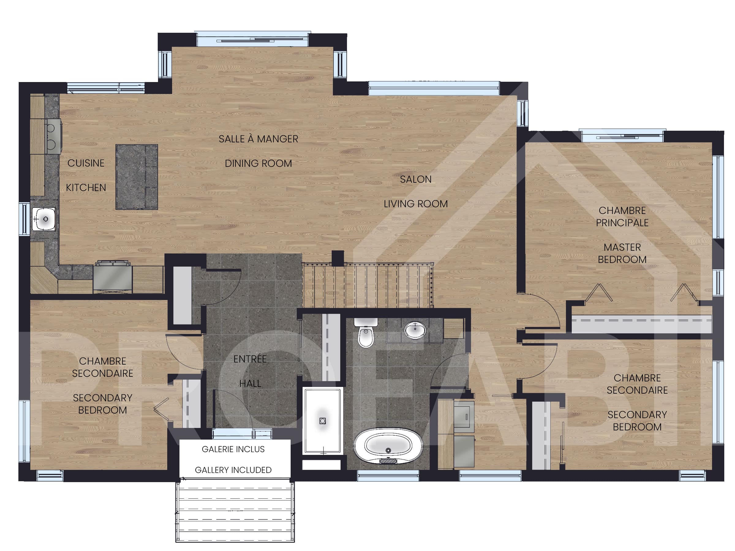 L'Esplanade est un chalet de style méditerranéen. Vue du plan 2D