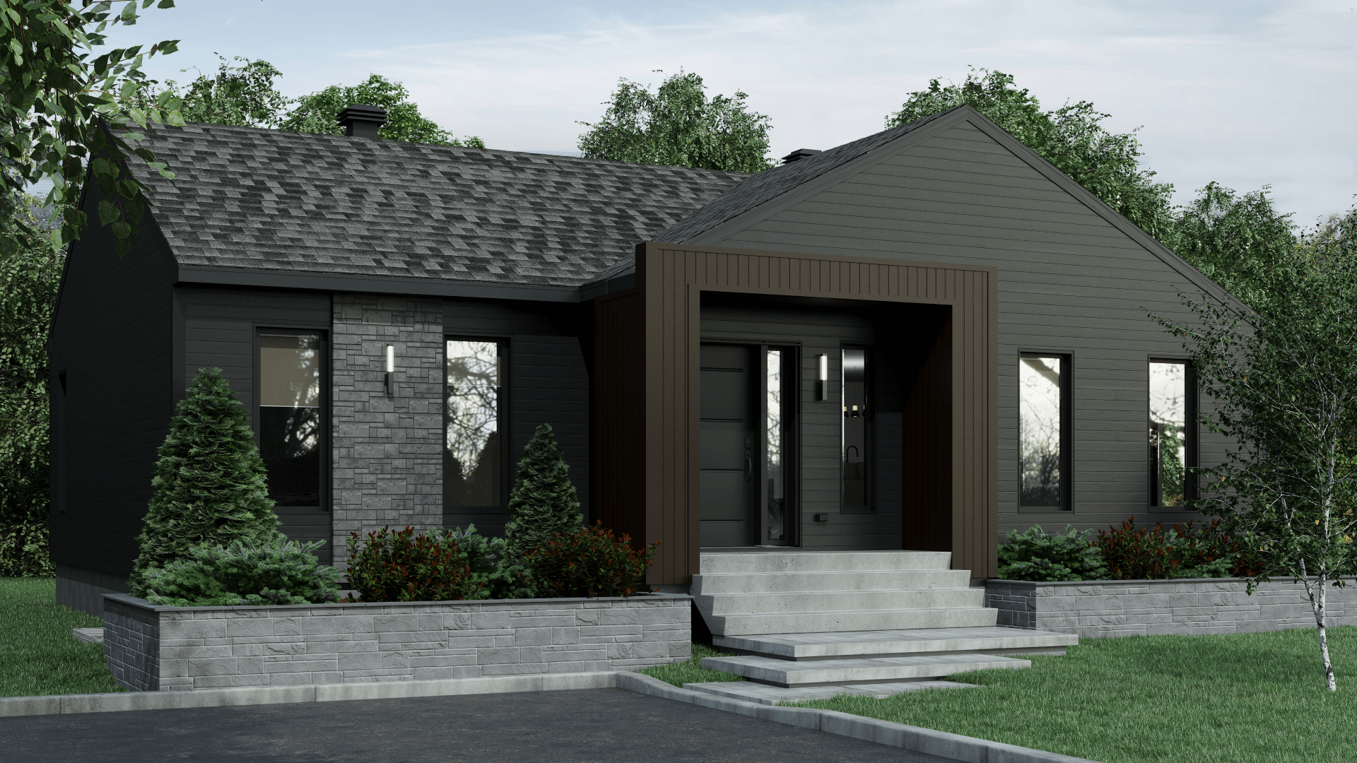 Modèle Émile, une maison de plain-pied de style contemporain. Vue de l'extérieur.