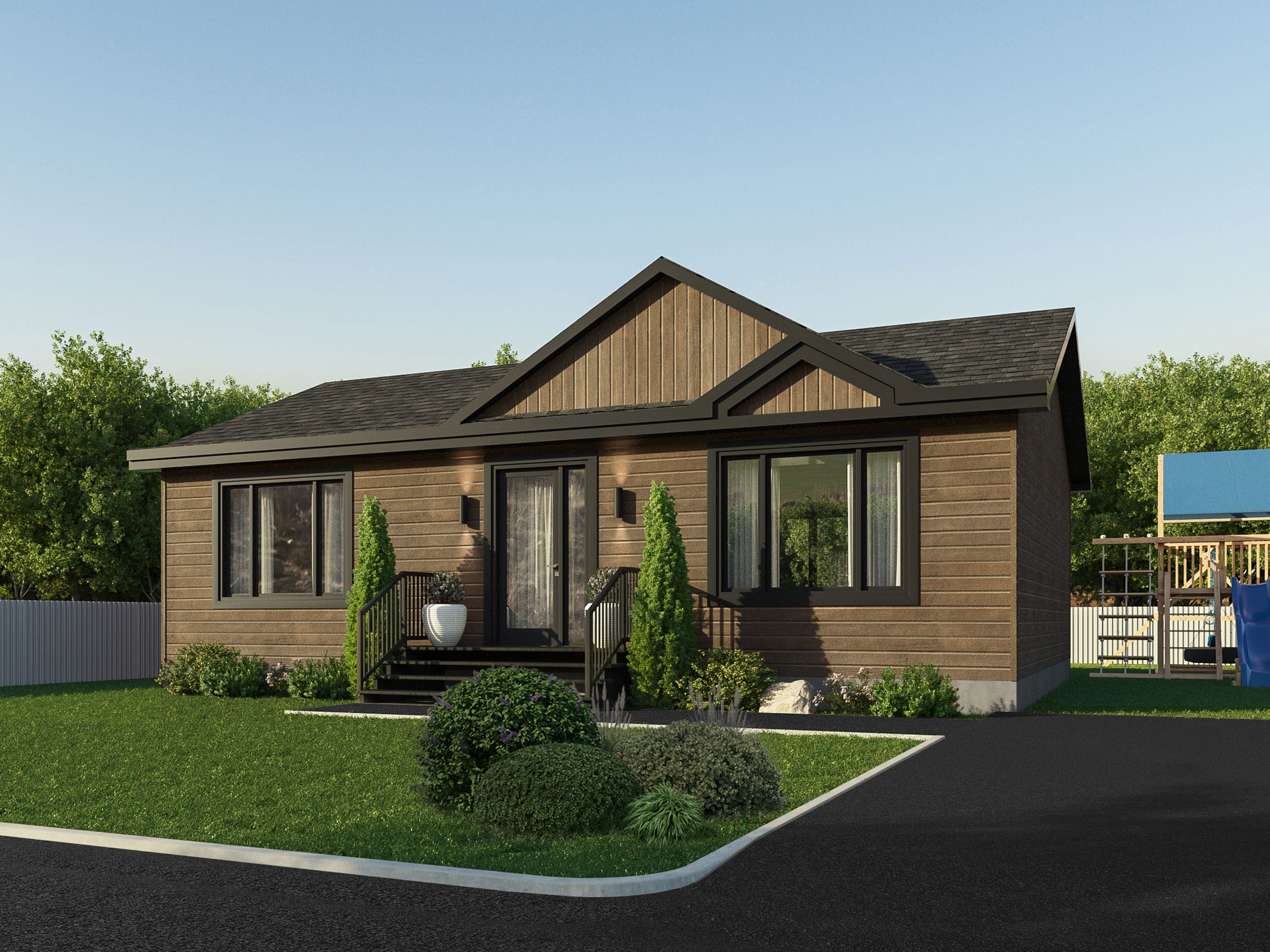 Modèle Mignonne, une maison de plain-pied de style classique. Vue de l'extérieur