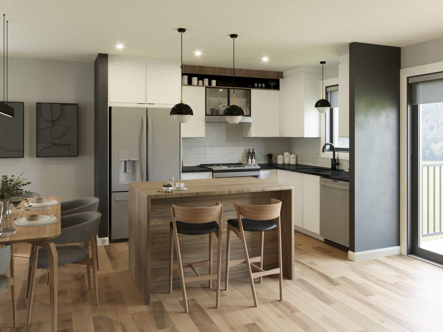 Un jumelé nommé Duetto. Il possède deux étages de style contemporain, vu de la cuisine.