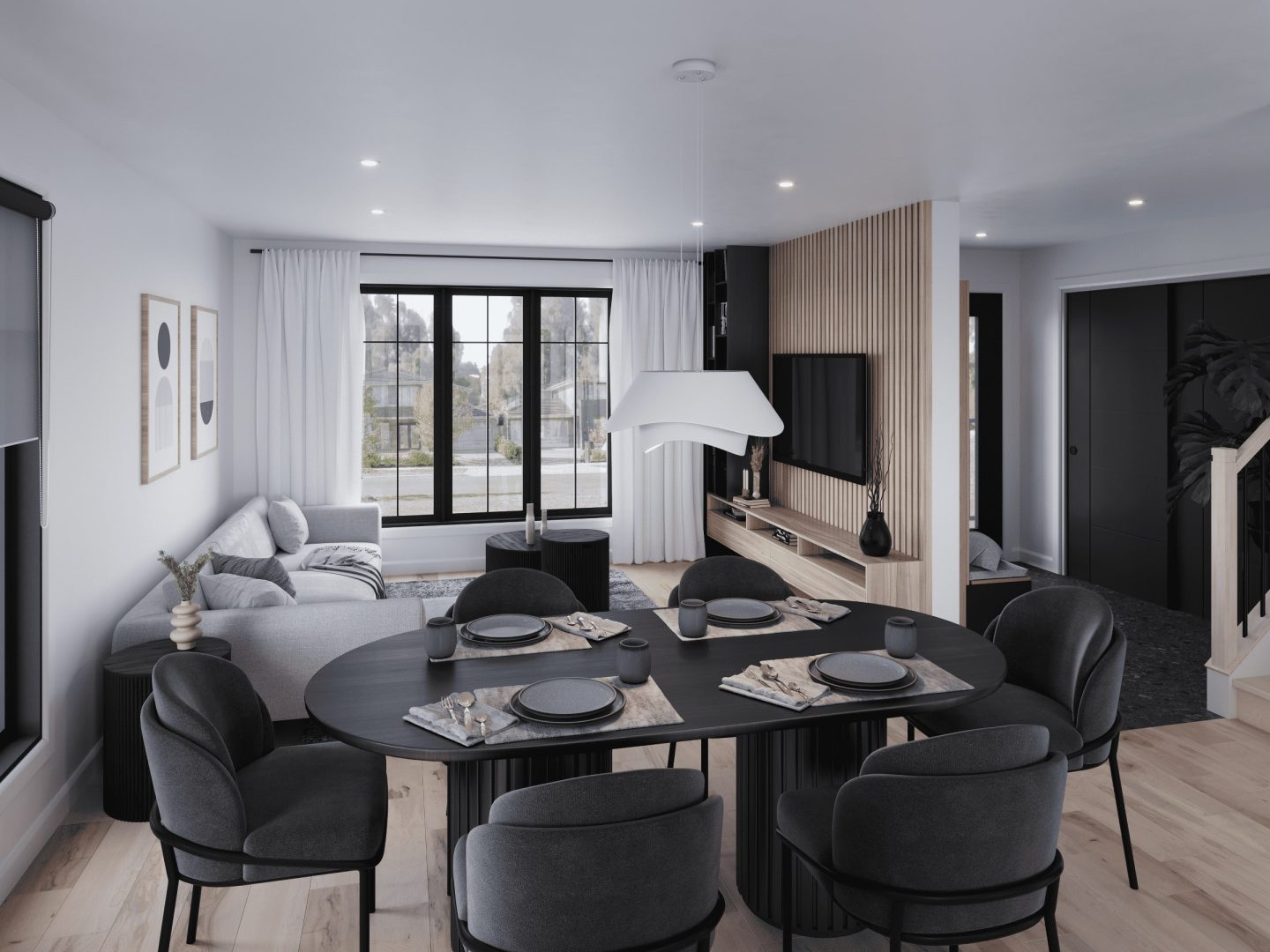 Dyade est un modèle de jumelé de style Farmhouse. Vu du séjour du jumelé.