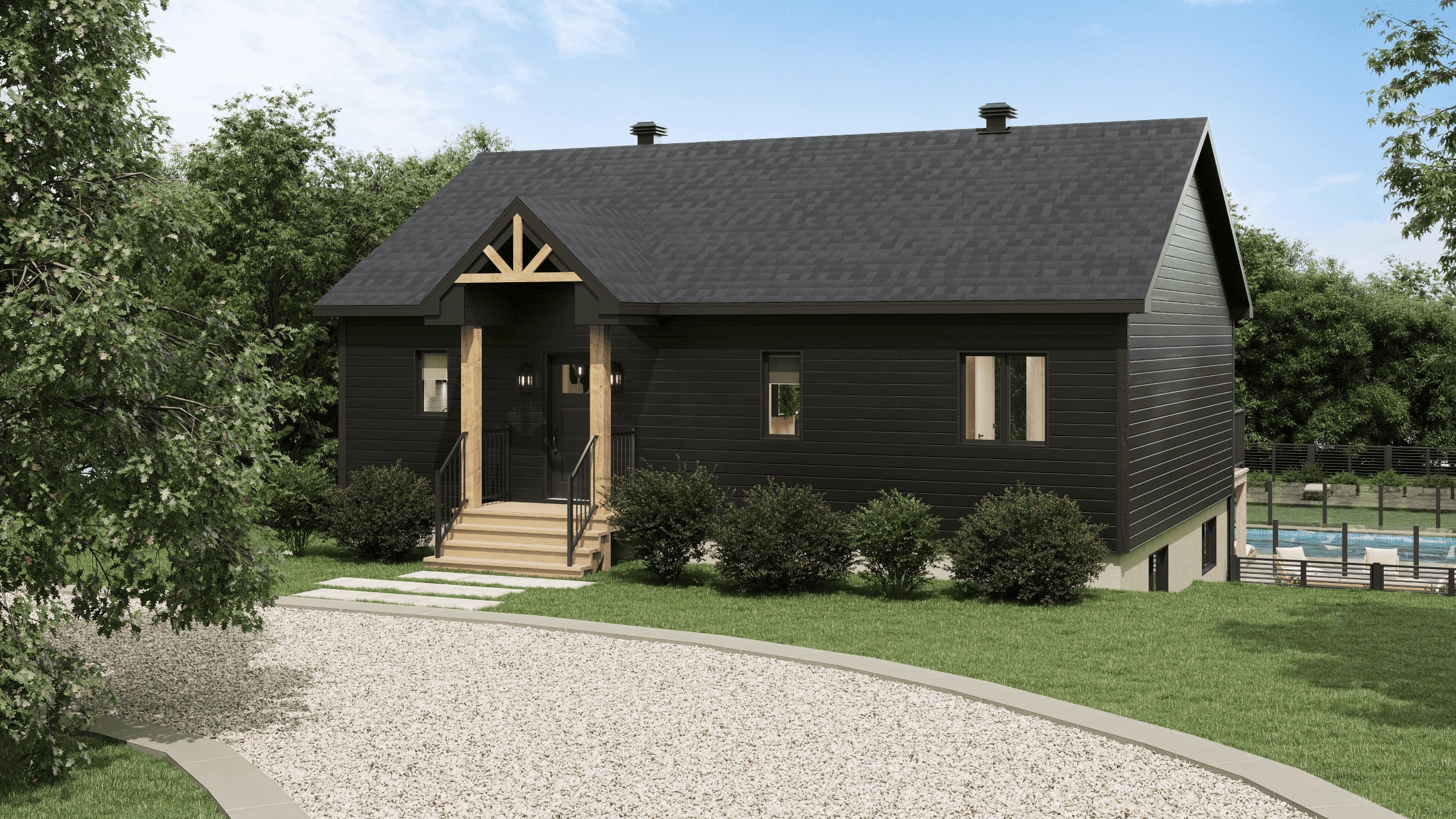 Le modèle Merle est un chalet de style contemporain. Vue de l'extérieur avant.