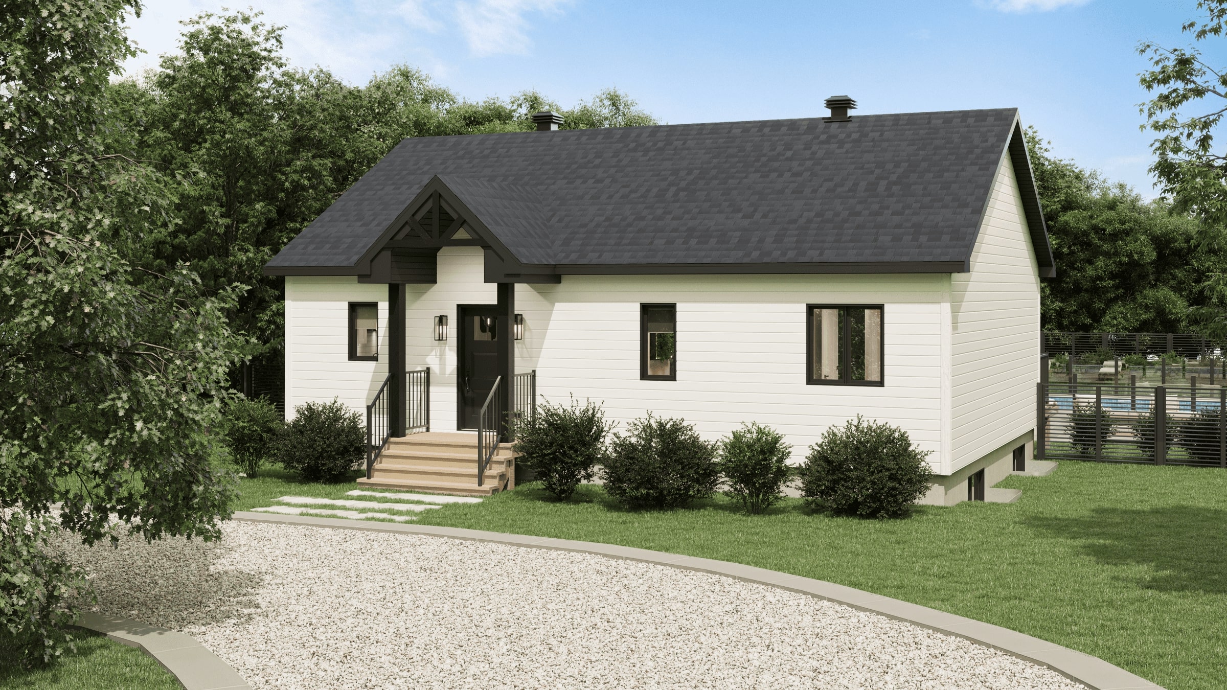 Le modèle Merle est un chalet de style contemporain. Vue de l'extérieur avant.