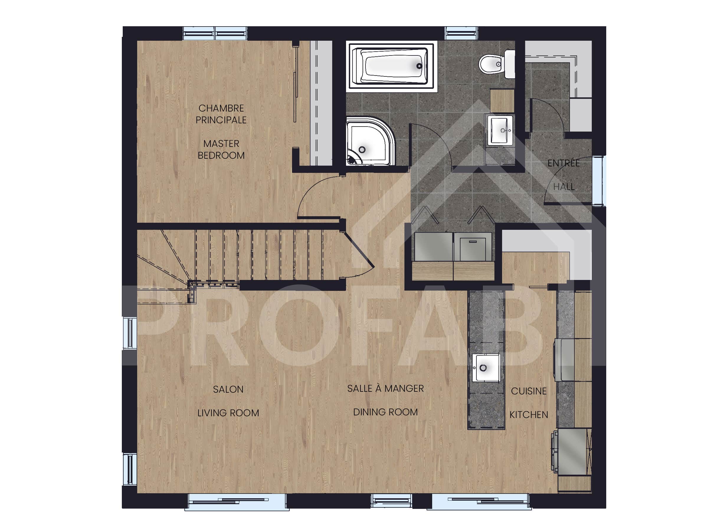 Modèle Bastida, un chalet plain-pied de style scandinave. Vue du plan 2D