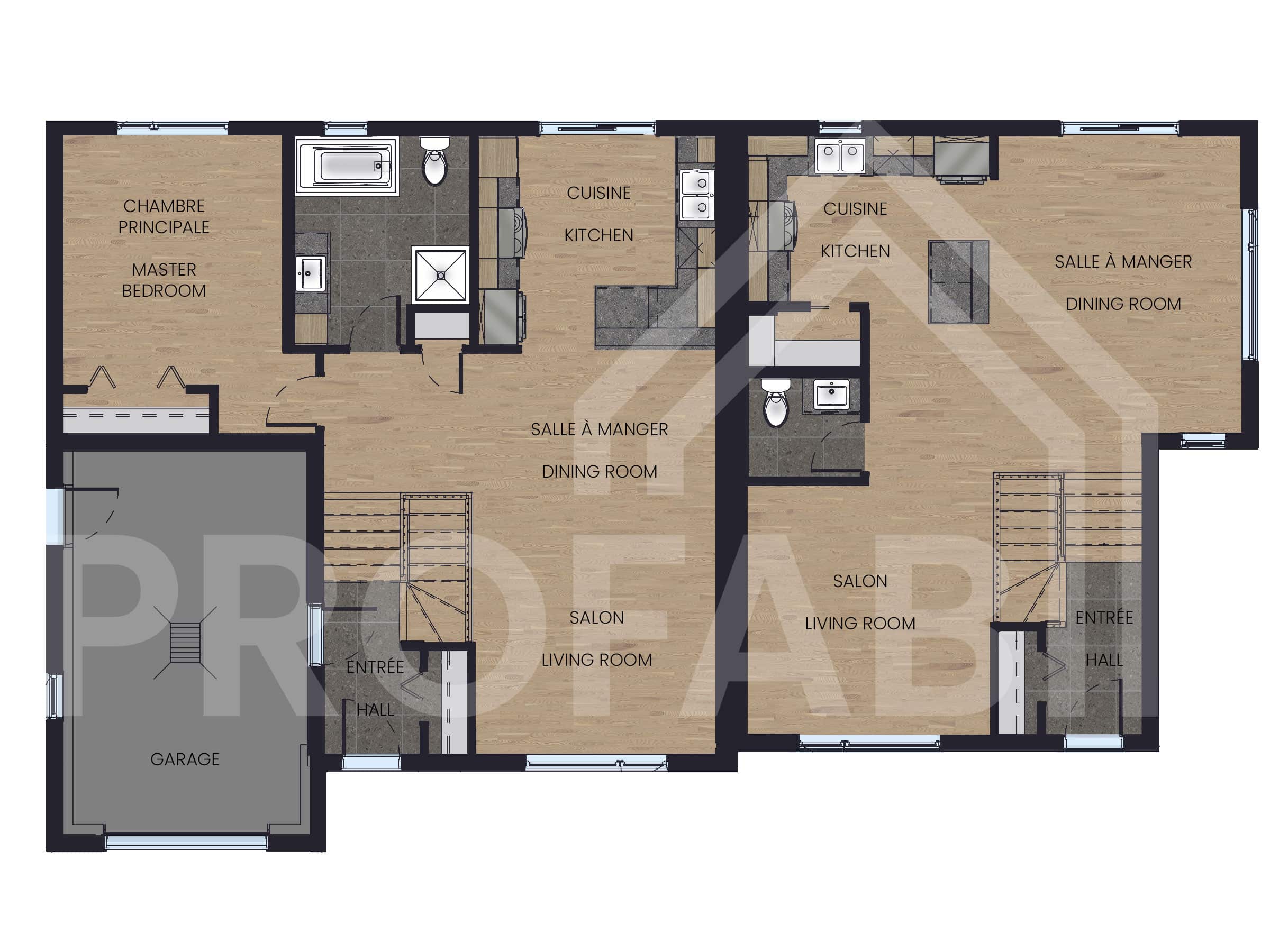 Modèle de jumelé nommé Strass, des maisons qui peu être bi générationnel de style contemporain. Vue du plan 2D.