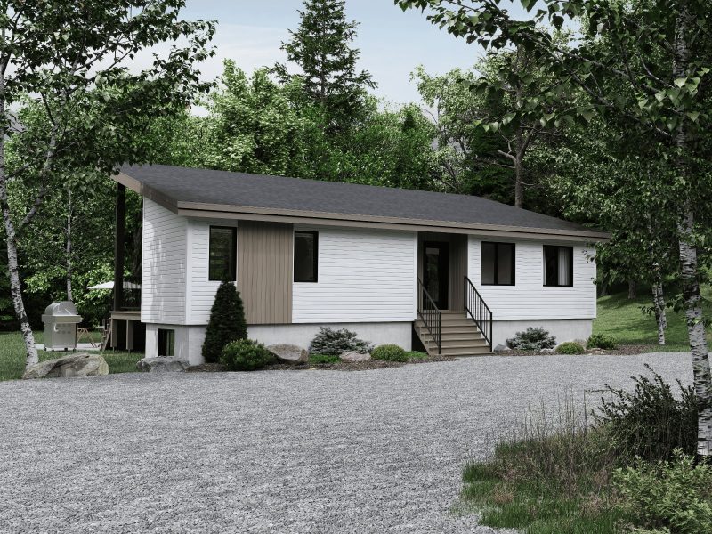 Modèle Alizé, un chalet de style moderne. Vu de la devanture extérieur avant.