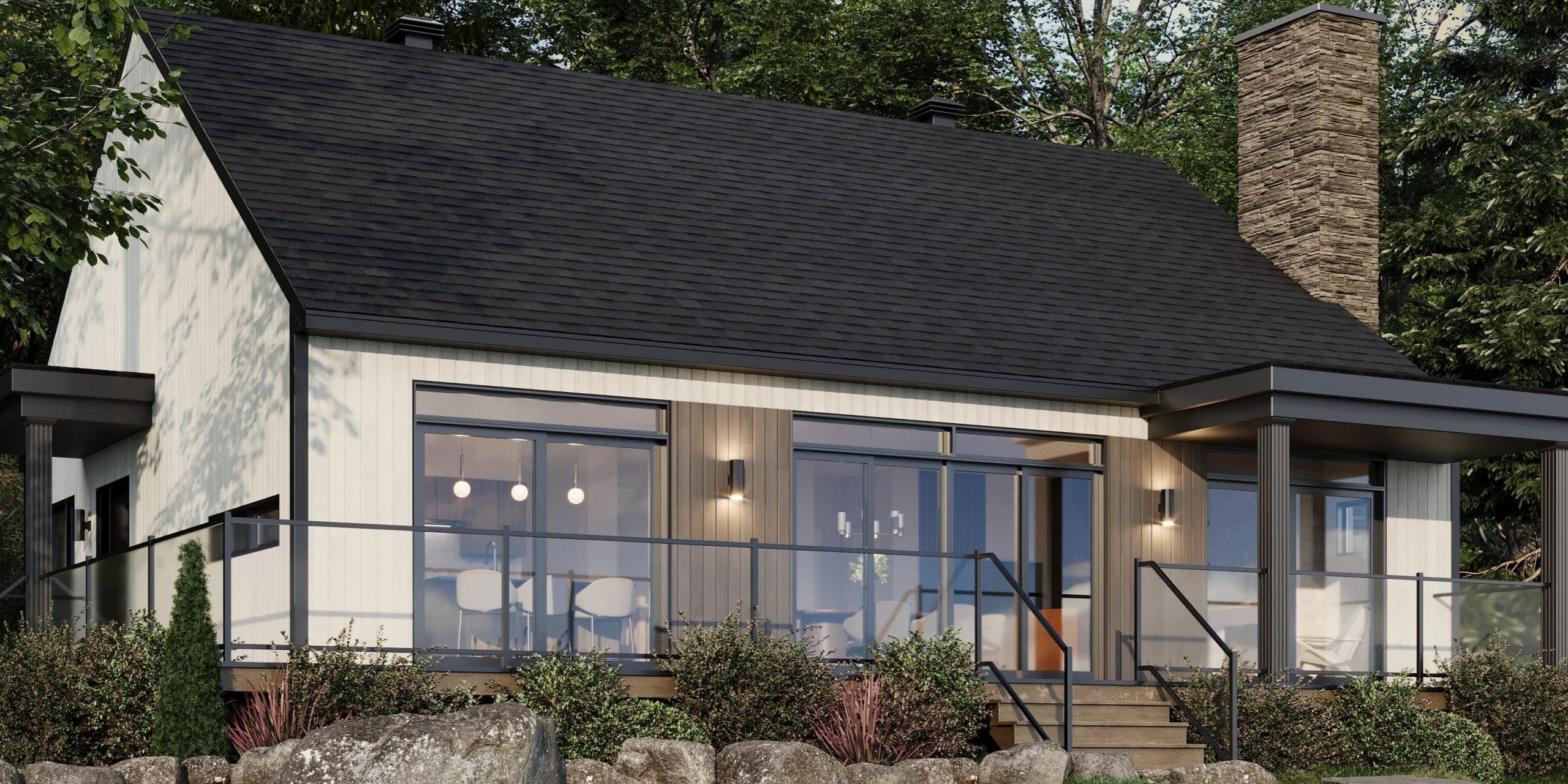 Modèle Belvédère, une maison plain pied style contemporain. Vu de la devanture avant extérieur.