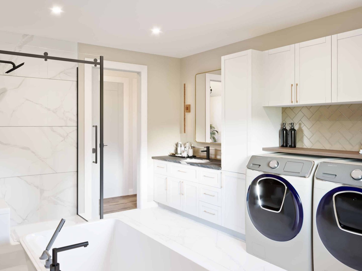 Modèle Distinguée est une maison plain-pied de style contemporain . Vue de la salle de bain.