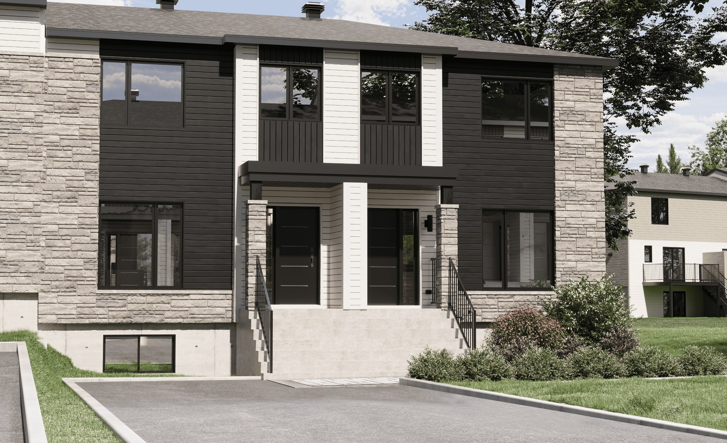 Le modèle Onesto est une maison de ville de plain-pied de stype contemporain. Vue de l'extérieur