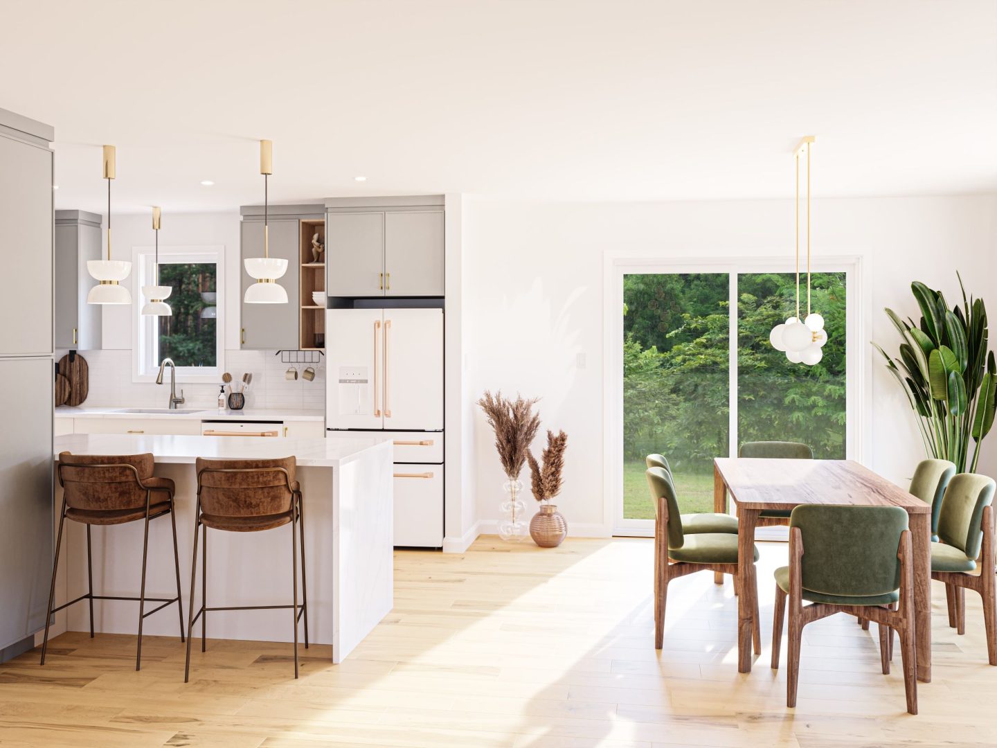 Modèle de jumelé nommé Strass, des maisons qui peu être bi générationnel de style contemporain. Vue de la cuisine du coté droit.