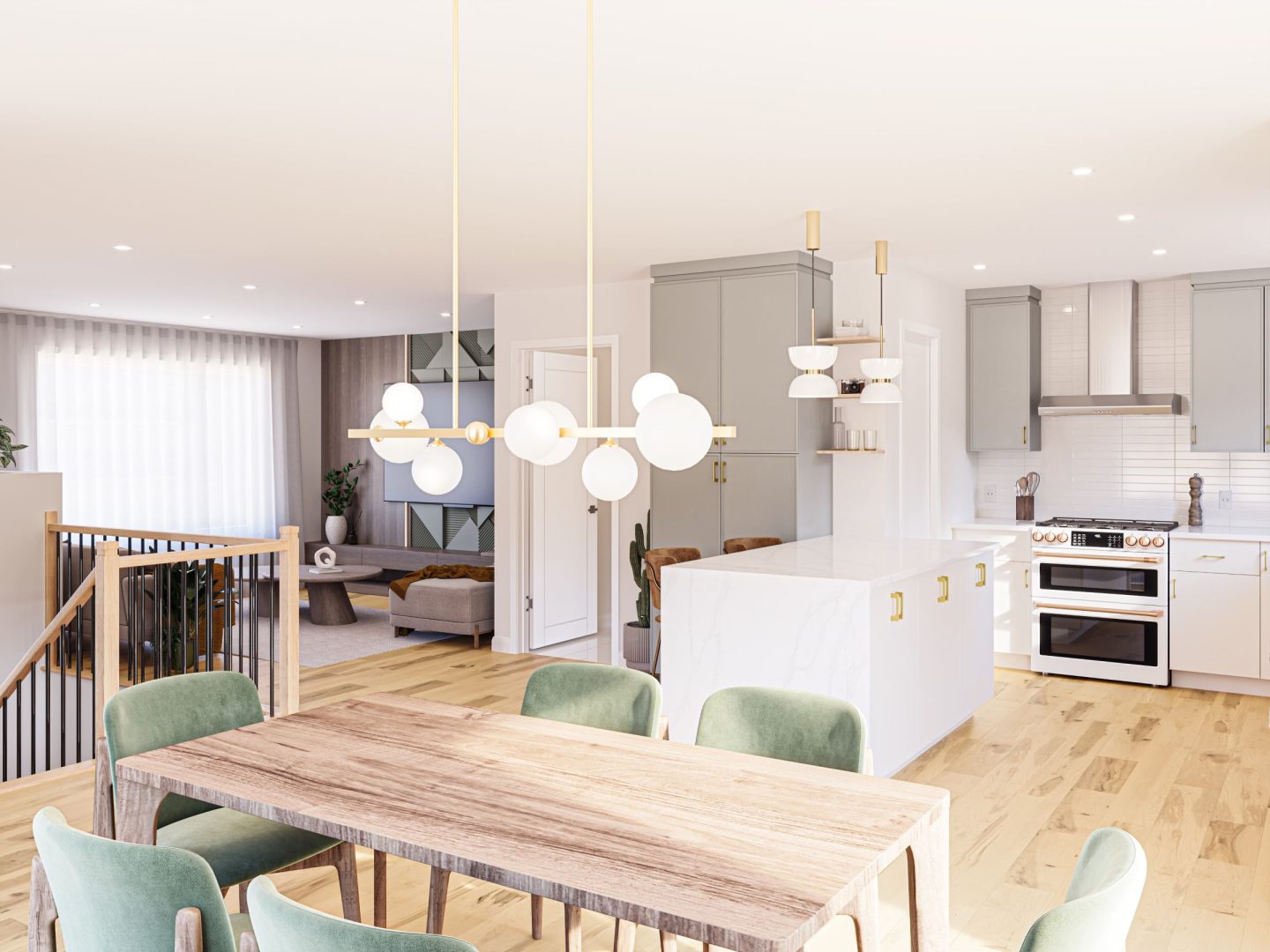 Modèle de jumelé nommé Strass, des maisons qui peu être bi générationnel de style contemporain. Vue de la salle à manger du coté droit.