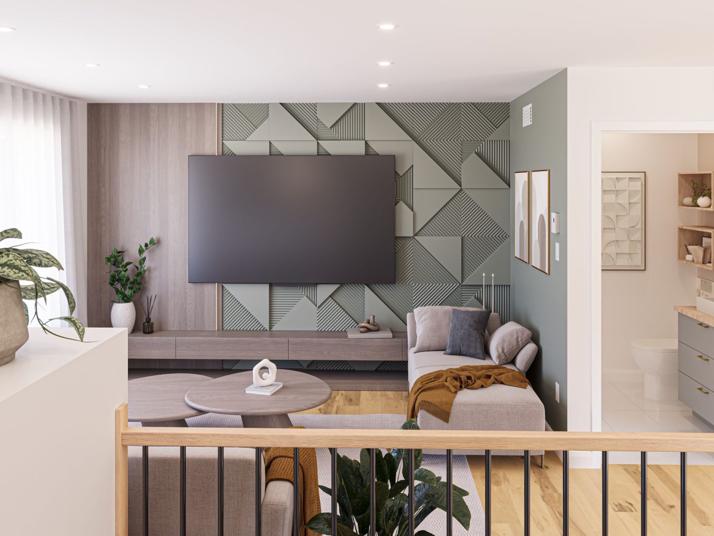 Modèle de jumelé nommé Strass, des maisons qui peu être bi générationnel de style contemporain. Vue du séjour du coté droit.