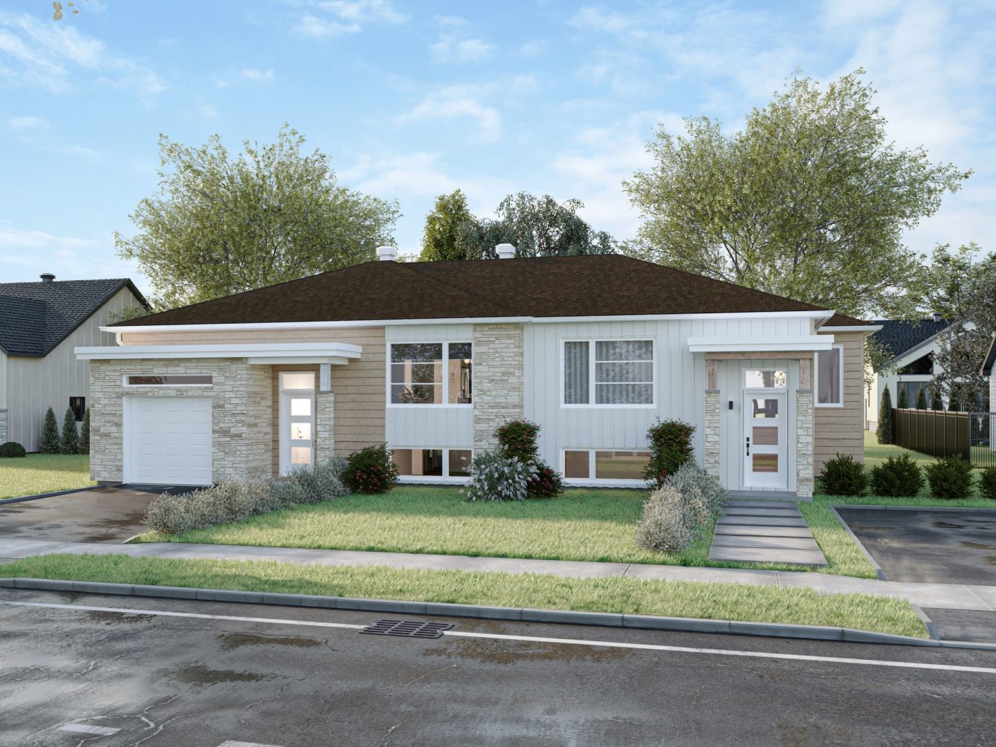 Modèle de jumelé nommé Strass, des maisons qui peu être bi générationnel de style contemporain. Vue de l'extérieur.