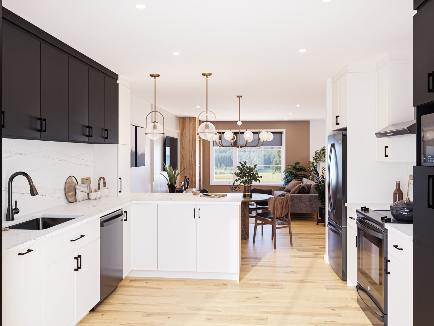 Modèle de jumelé nommé Strass, des maisons qui peu être bi générationnel de style contemporain. Vue de la cuisine du coté gauche.