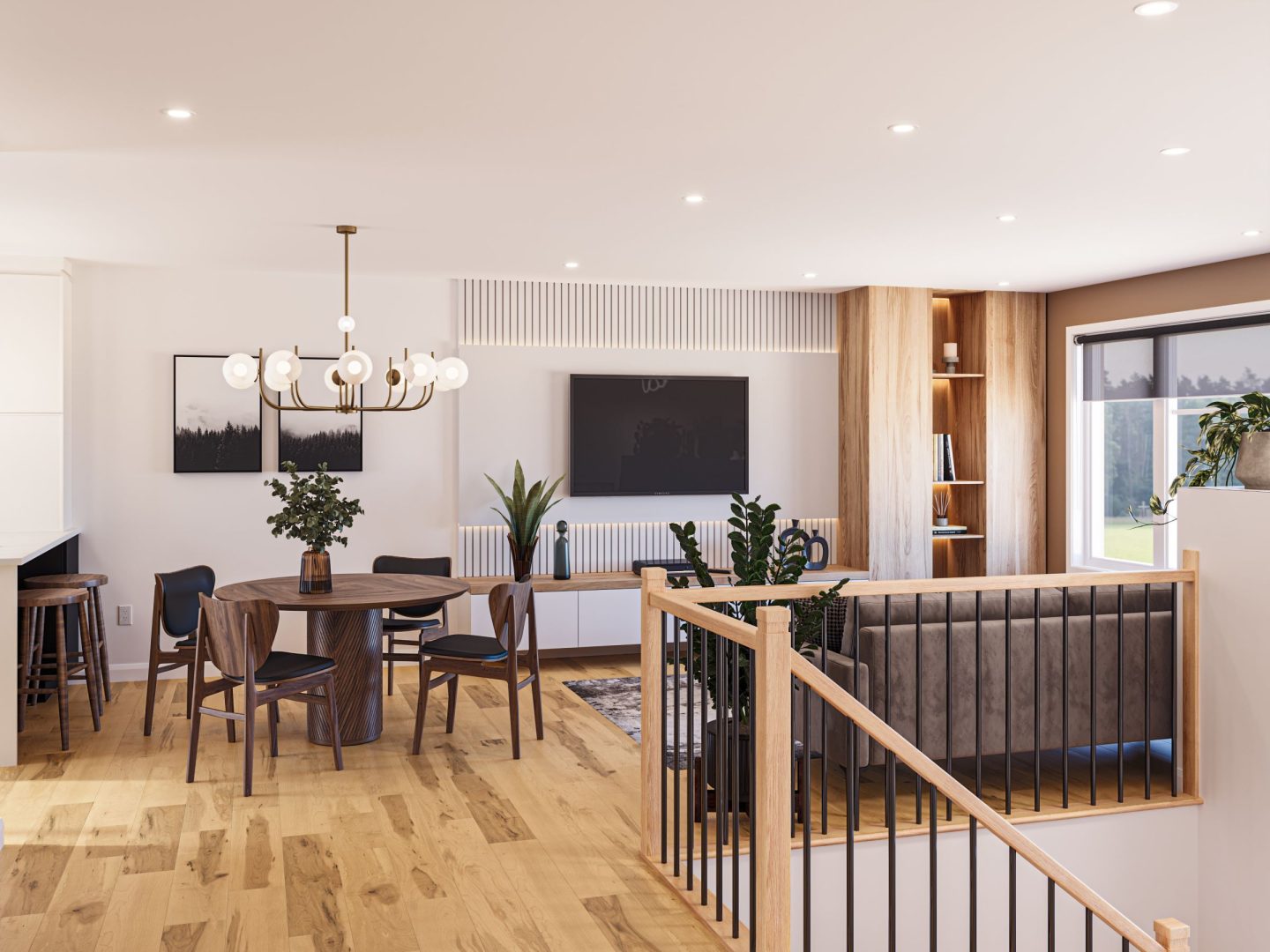 Modèle de jumelé nommé Strass, des maisons qui peu être bi générationnel de style contemporain. Vue de la salle à manger du coté gauche.