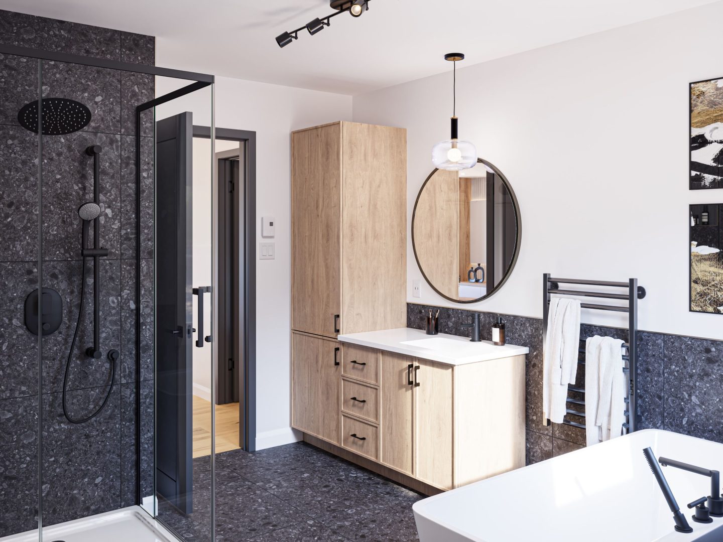 Modèle de jumelé nommé Strass, des maisons qui peu être bi générationnel de style contemporain. Vue de la salle de bain du coté gauche.