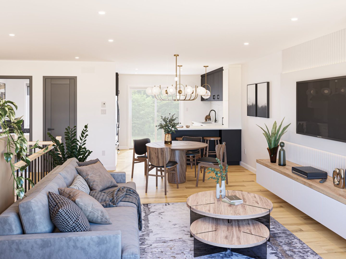 Modèle de jumelé nommé Strass, des maisons qui peu être bi générationnel de style contemporain. Vue du séjour du coté gauche.