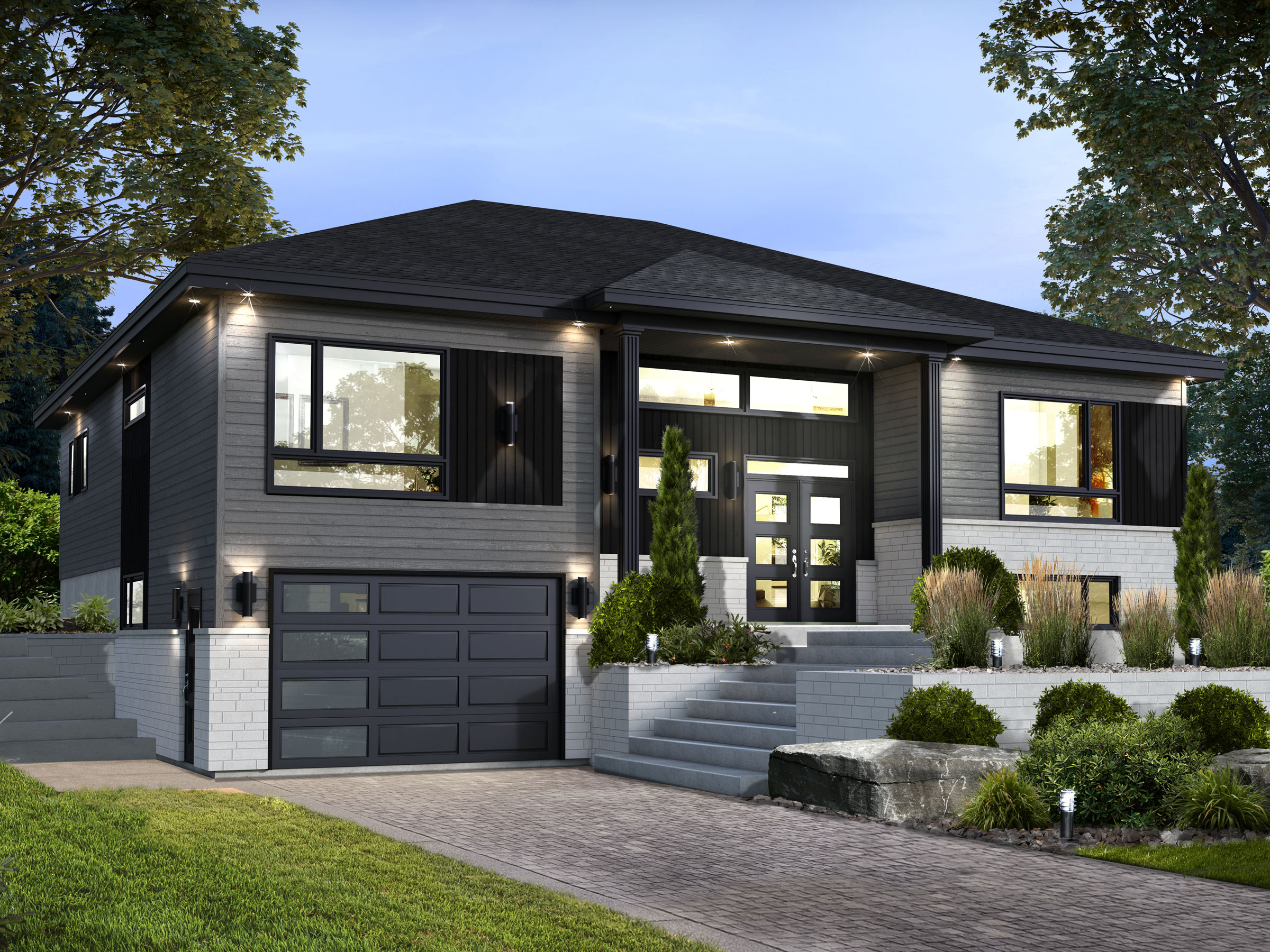 Modèle de maison à pallier Zénith est de style contemporain. Vu de l'exterieur.