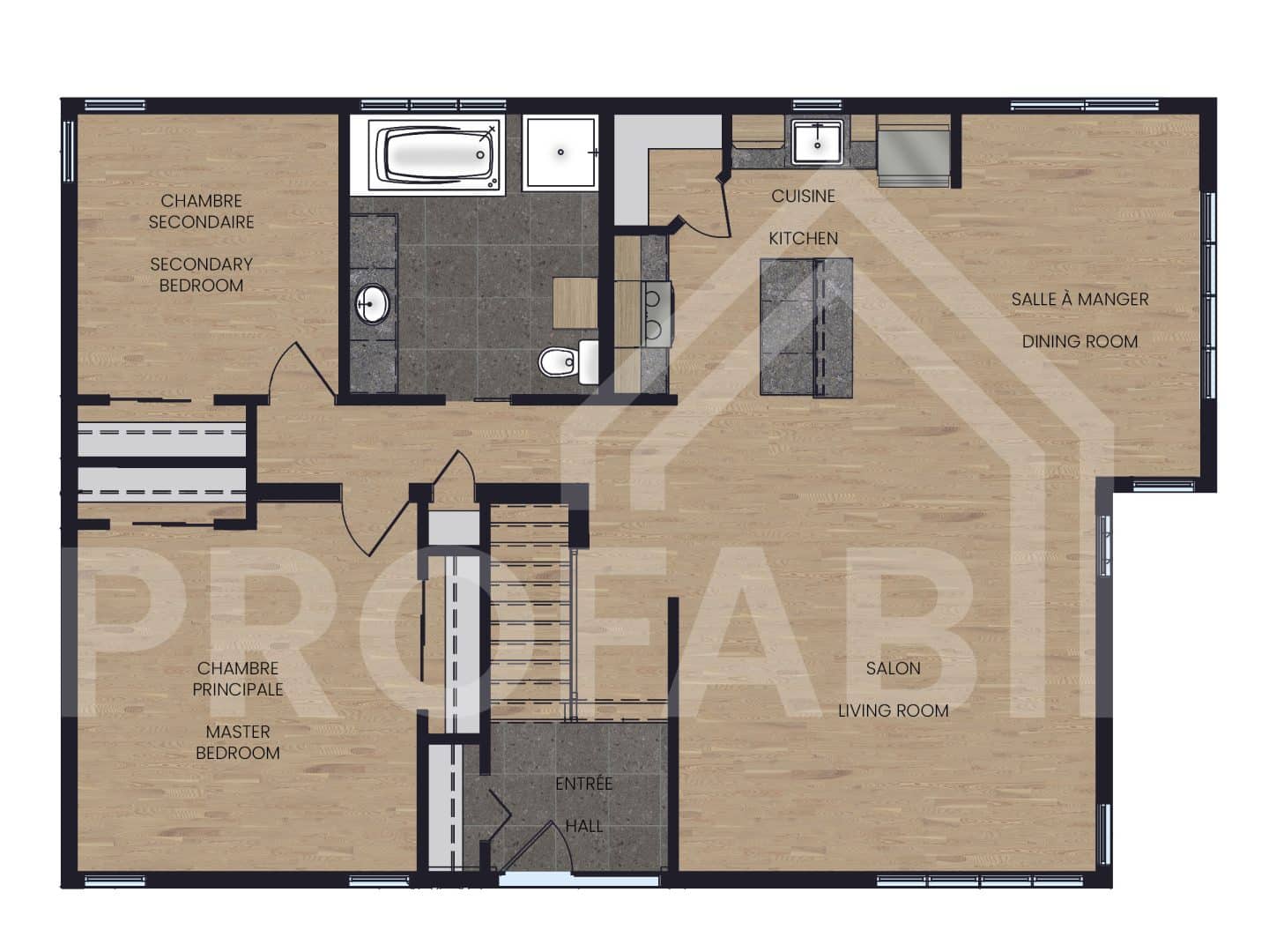 Modèle Moka, un plain-pied de style contemporain. Vue du plan 2D.