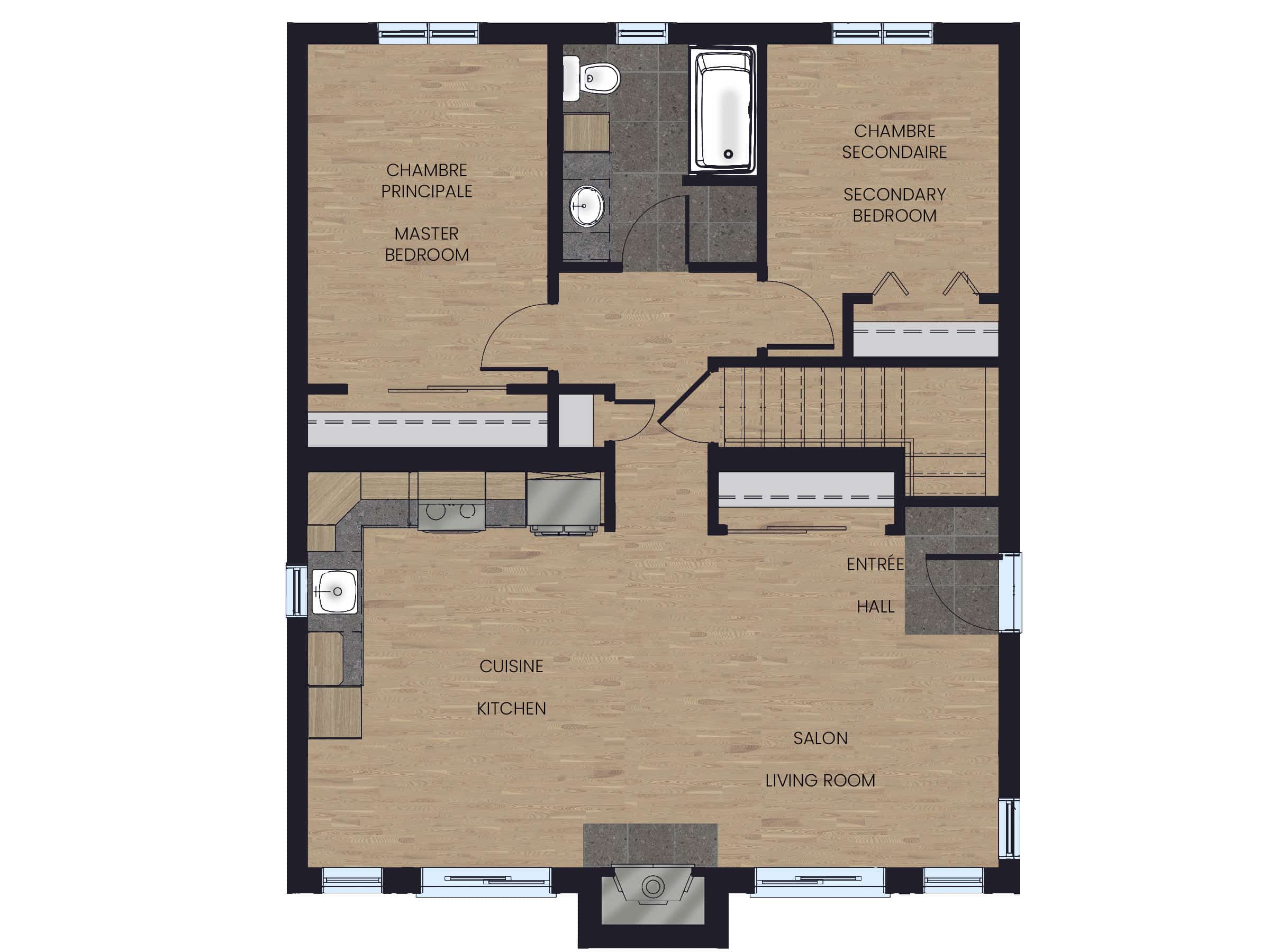 Modèle de maison Harfang, un chalet plain-pied de style classique. Vue de haut du plan 2D .