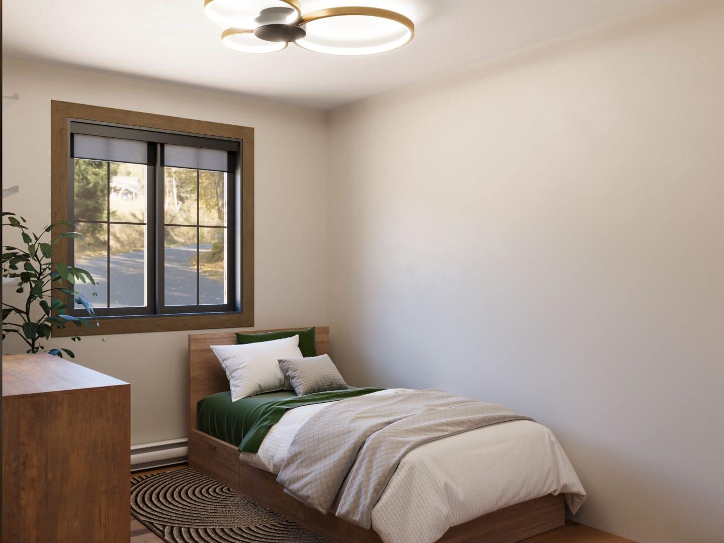 Modèle de maison Harfang, un chalet plain-pied de style classique. Vue de la chambre secondaire.