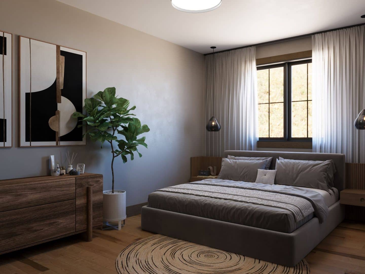 Modèle de maison Harfang, un chalet plain-pied de style classique. Vue de la chambre principale.