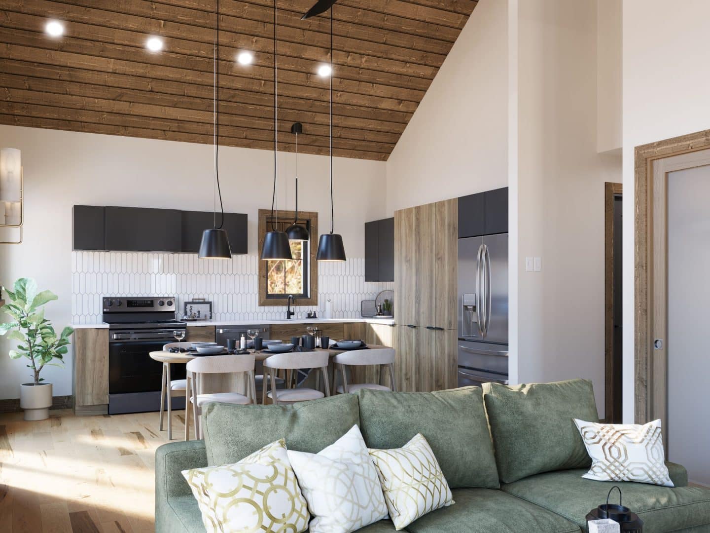 Modèle de maison Harfang, un chalet plain-pied de style classique. Vue de la cuisine.