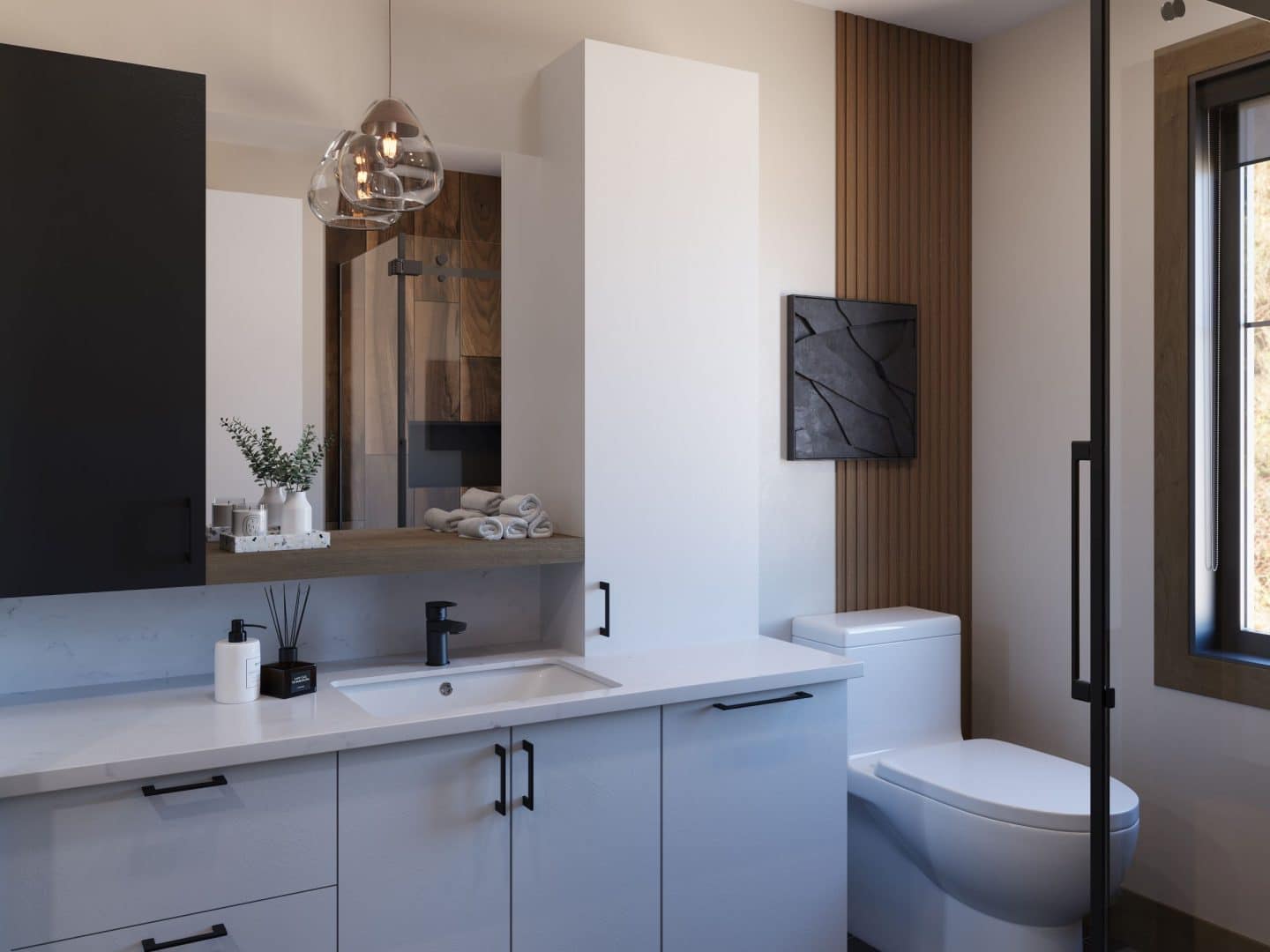 Modèle de maison Harfang, un chalet plain-pied de style classique. Vue de la salle de bain.