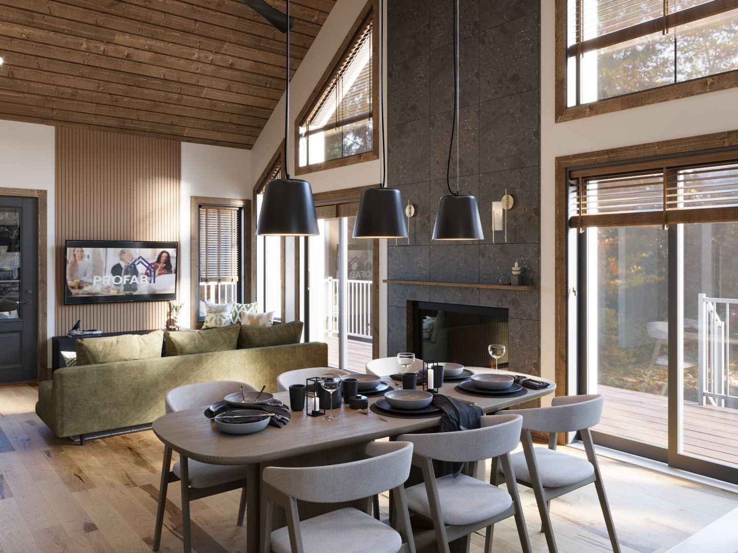 Modèle de maison Harfang, un chalet plain-pied de style classique. Vue du salon.