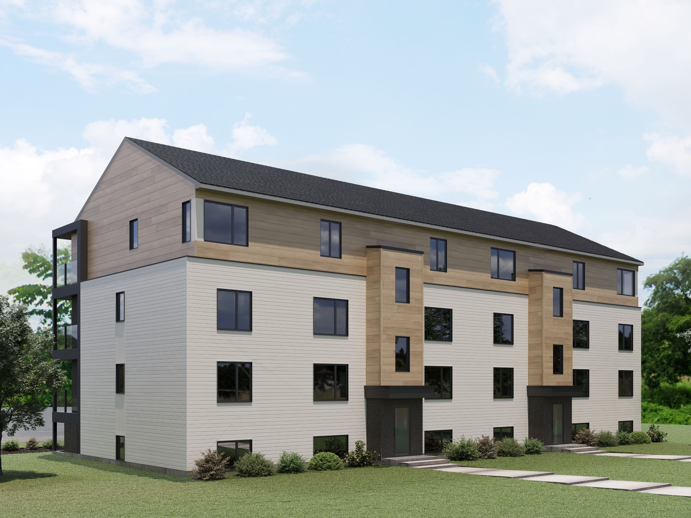 Modèle de multilogement nommé Vinkel-12, des logements qui ont un style contemporain. Vue de l'extérieur arrière,