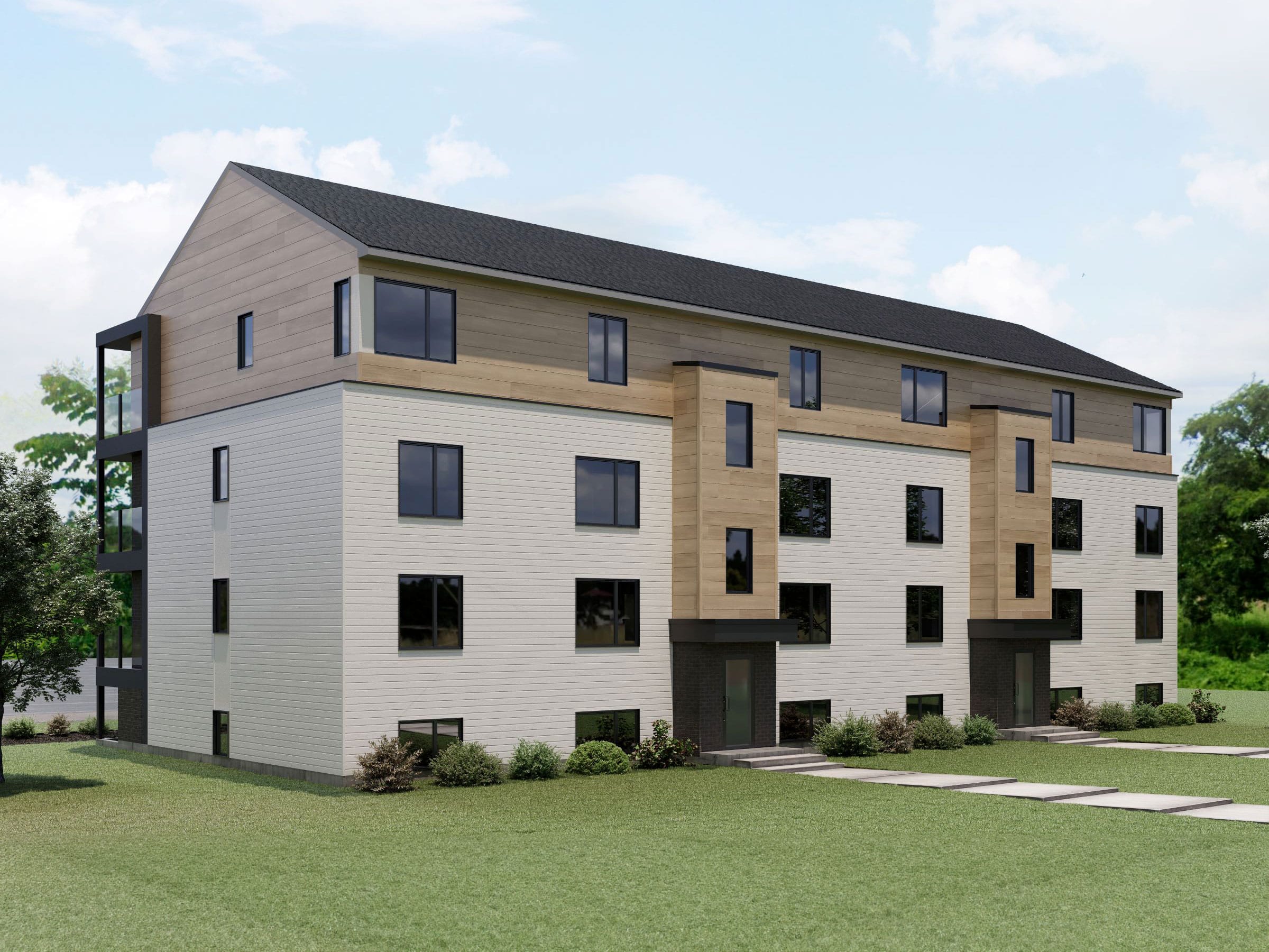 Modèle de multilogement nommé Vinkel-12, des logements qui ont un style contemporain. Vue de l'extérieur arrière.