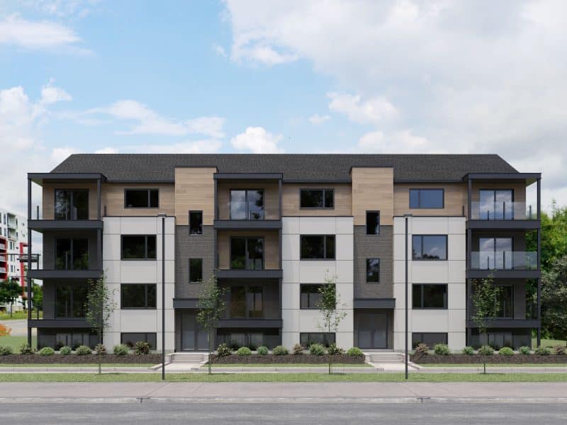 Modèle de multilogement nommé Vinkel-12, des logements qui ont un style contemporain. Vue de l'extérieur,