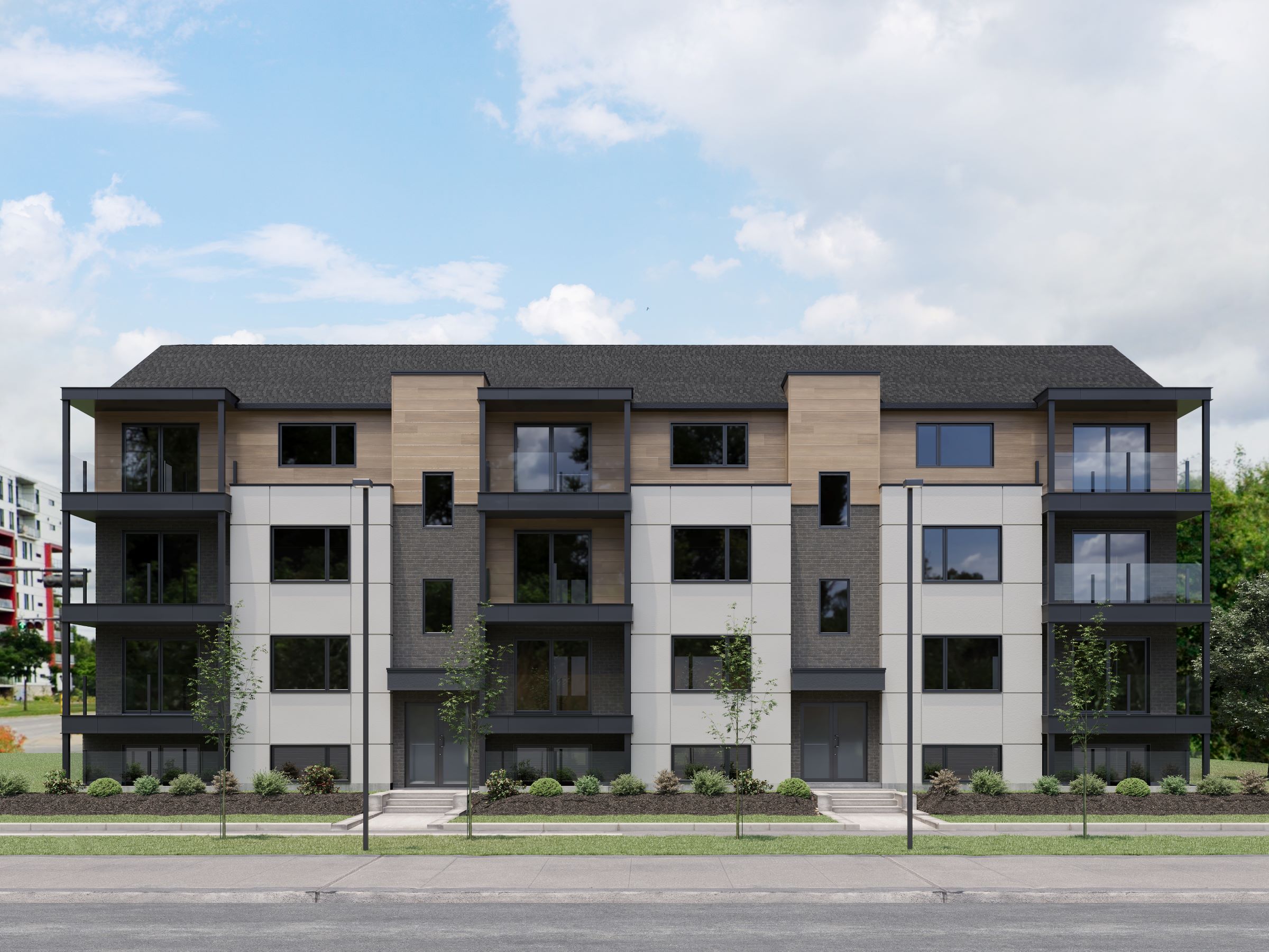 Modèle de multilogement nommé Vinkel-12, des logements qui ont un style contemporain. Vue de l'extérieur,