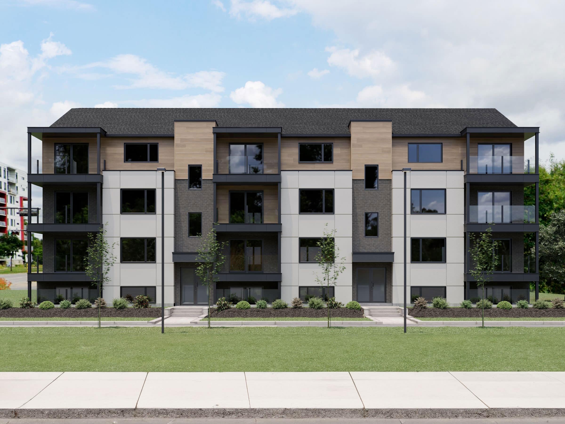 Modèle de multilogement nommé Vinkel-12, des logements qui ont un style contemporain. Vue de l'extérieur.