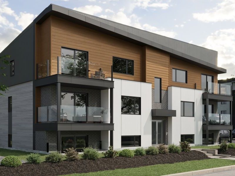 Modèle de multilogement nommé Vinkel-6, des logements qui ont un style contemporain. Vue de l'extérieur.