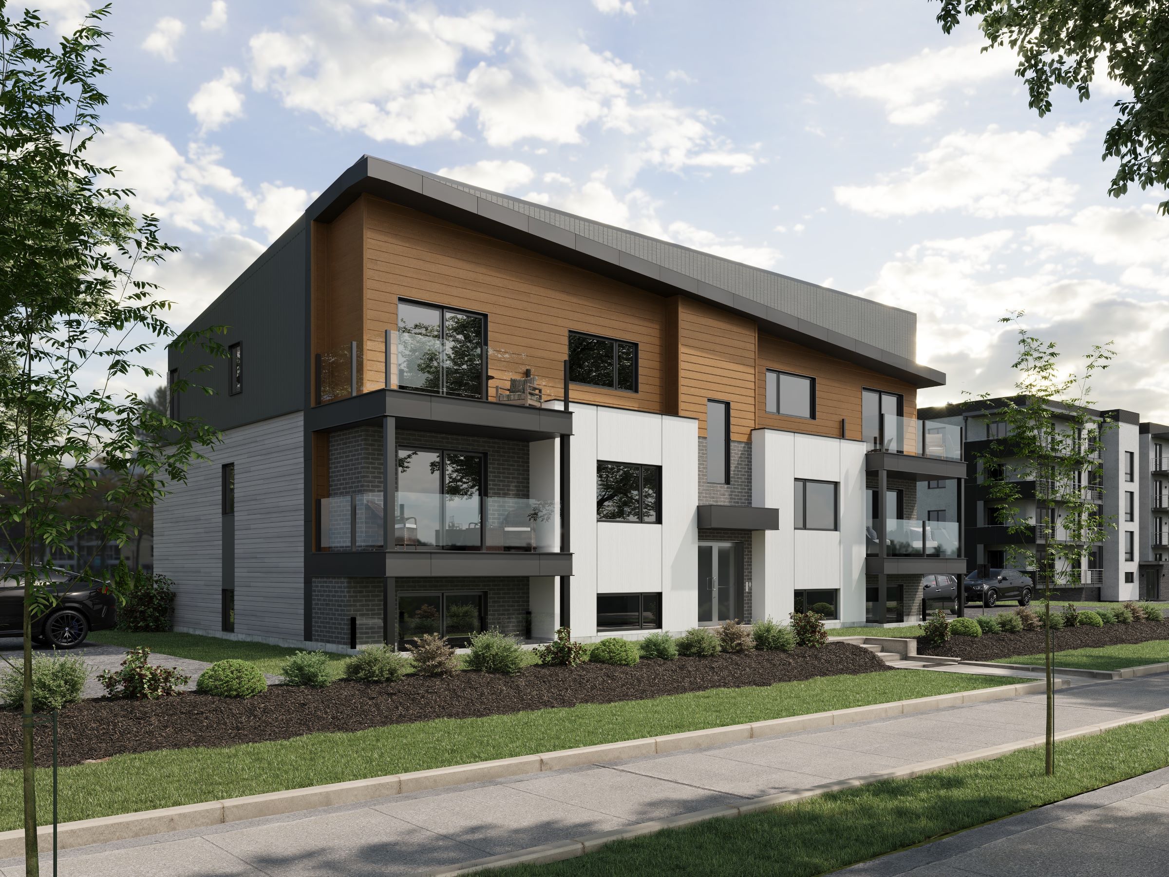 Modèle de multilogement nommé Vinkel-6, des logements qui ont un style contemporain. Vue de l'extérieur.