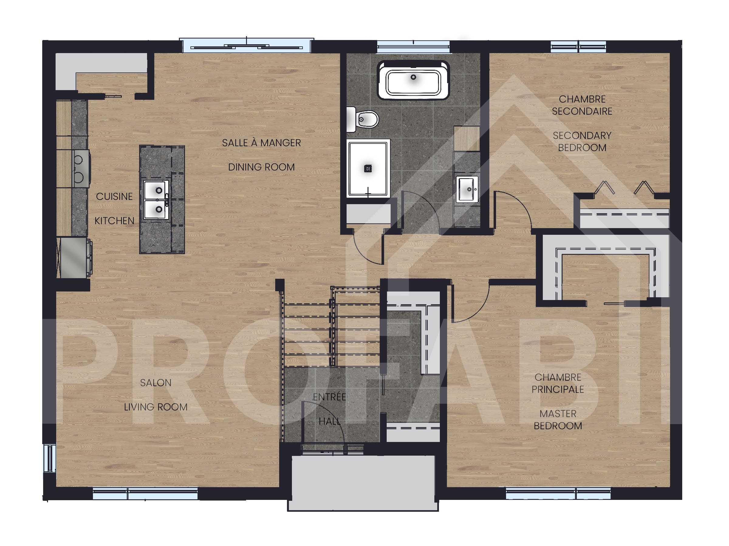 Modèle de maison à palier nommé Zénia. De Style contemporain et moderne avec une vu du plan 2D