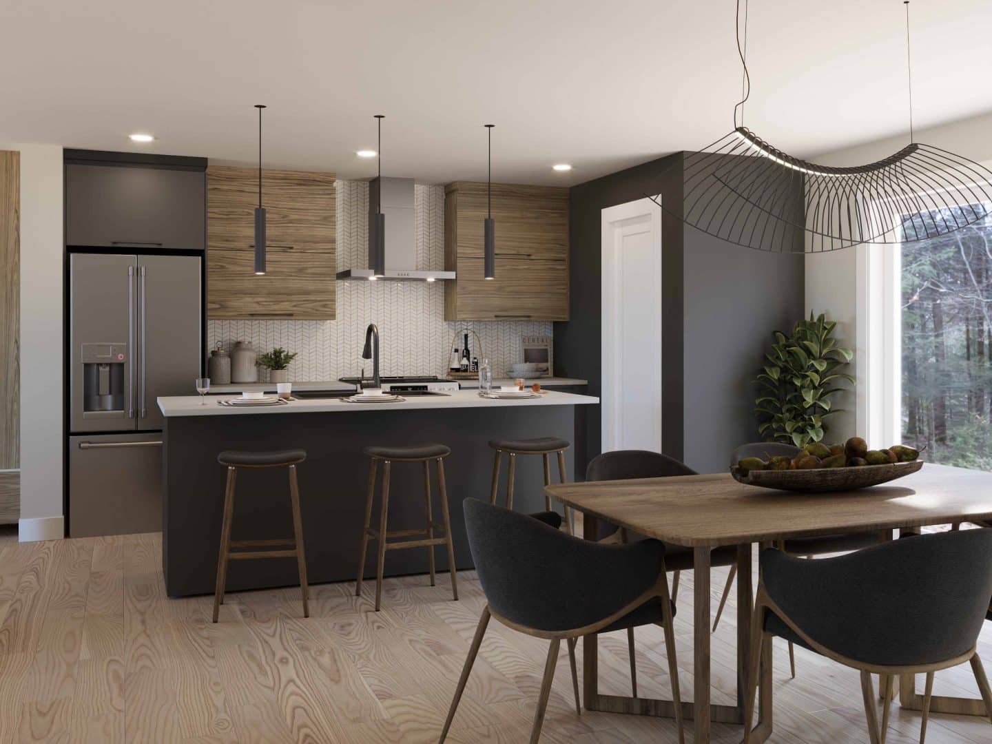 Modèle de maison à palier nommé Zénia. De Style contemporain et moderne avec une vu de la cuisine.