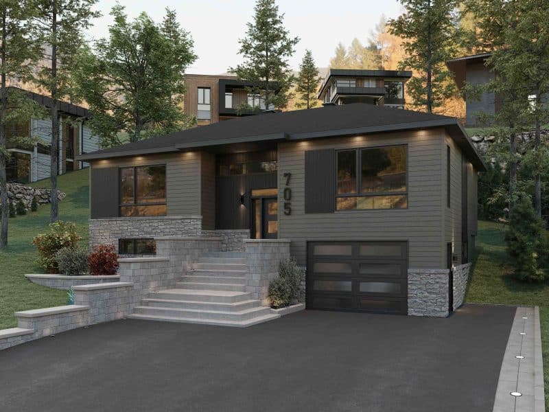 Modèle de maison à palier nommé Zénia. De Style contemporain et moderne avec une vu de l'extérieur.