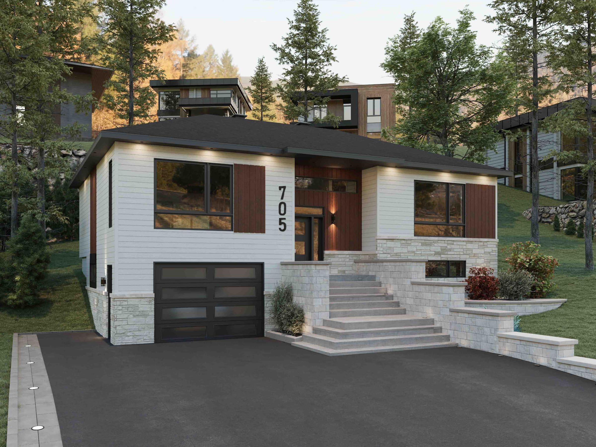 Modèle de maison à palier nommé Zénia. De Style contemporain et moderne avec une vu de l'extérieur.