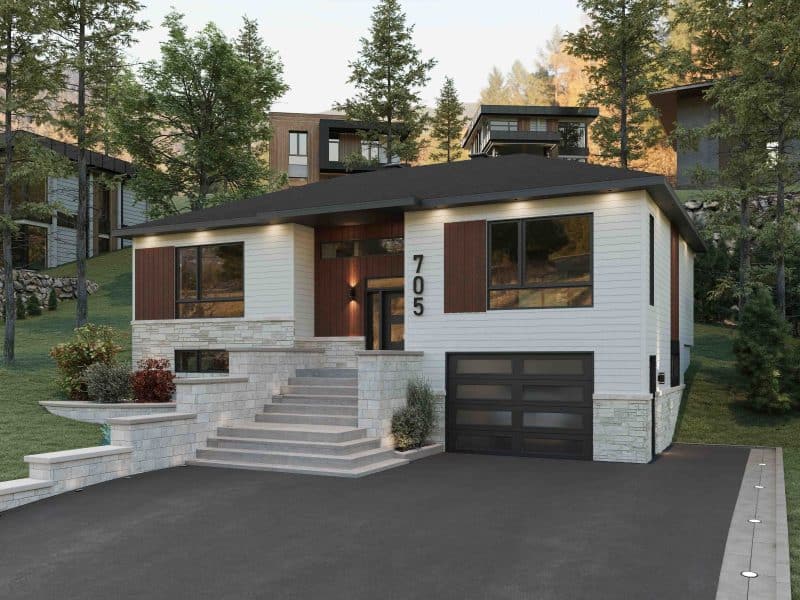 Modèle de maison à palier nommé Zénia. De Style contemporain et moderne avec une vu de l'extérieur.