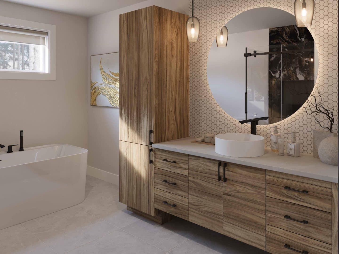 Modèle de maison à palier nommé Zénia. De Style contemporain et moderne avec une vu de la salle de bain.