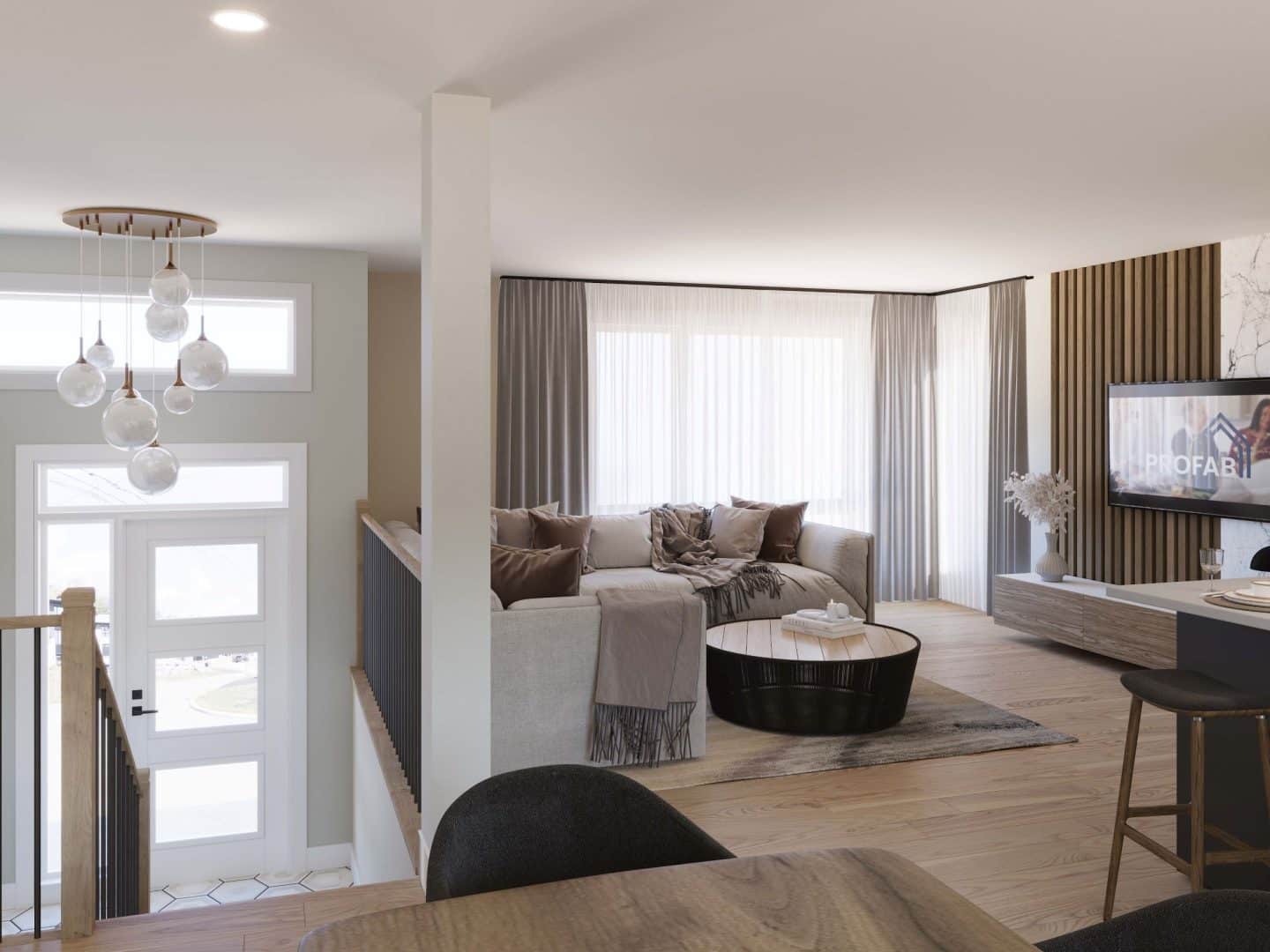 Modèle de maison à palier nommé Zénia. De Style contemporain et moderne avec une vu du séjour.